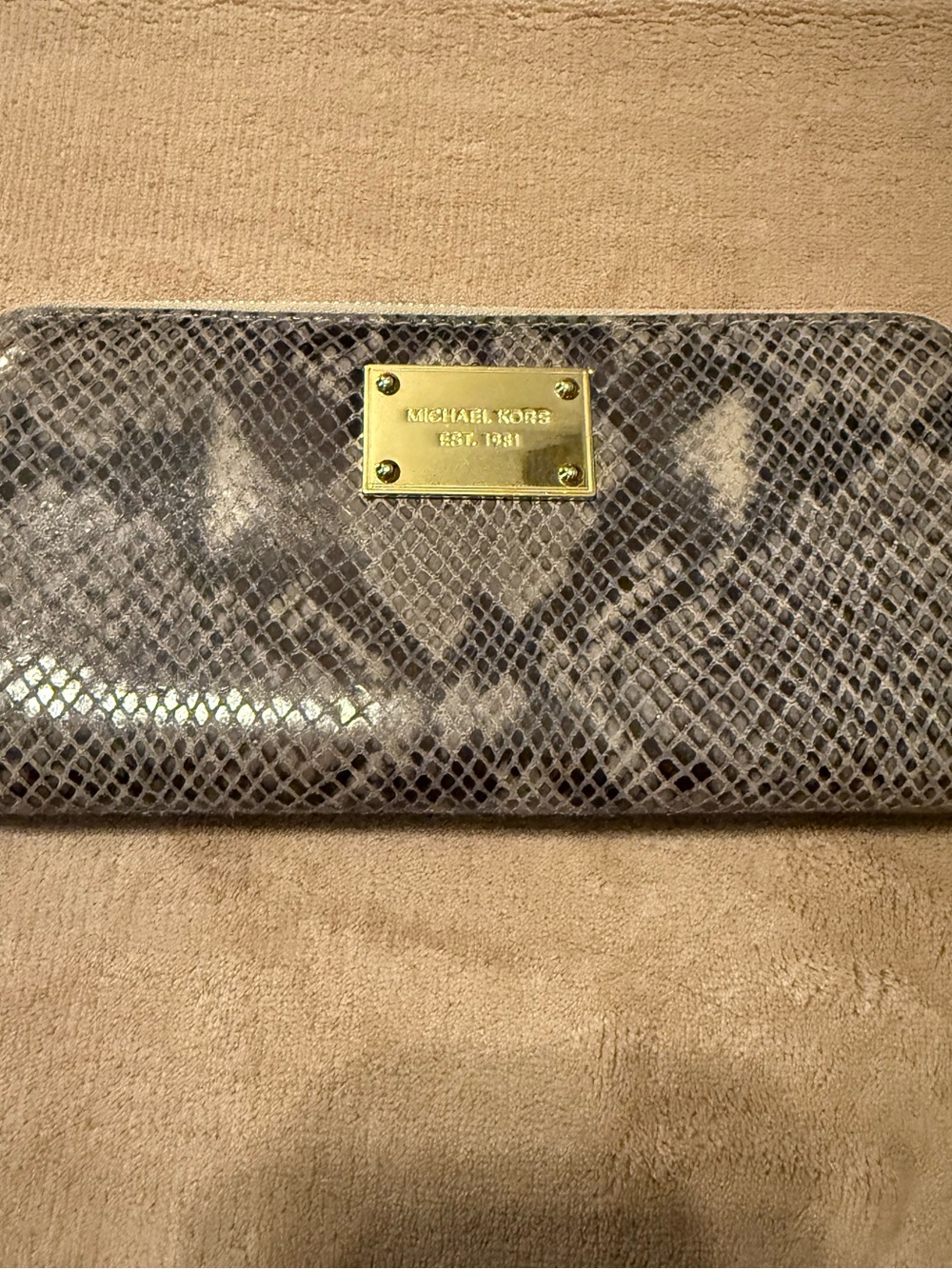 Michael Kors Gray Snakeskin-Print Zip Around Wallet with Gold Plate. EUC.
